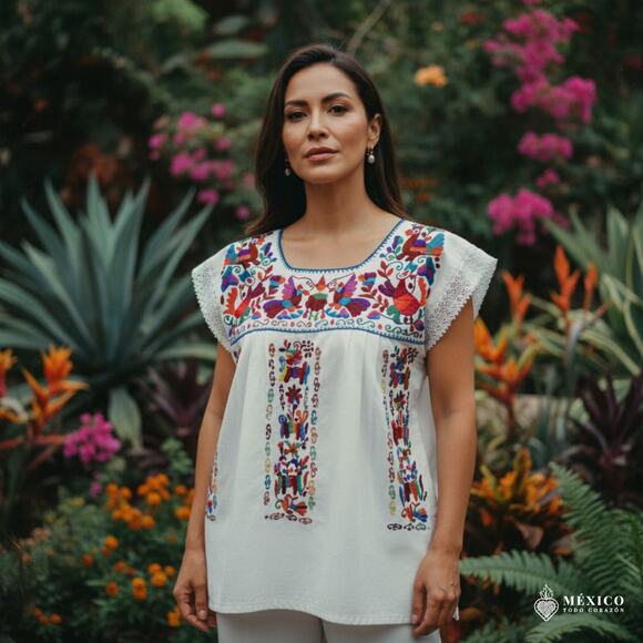 Mexican Embroidered Blouse – Handmade Otomi Floral & Animals Design Large - Picture 8 of 8